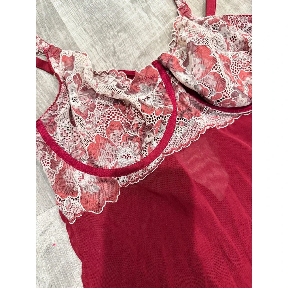 Auden Red Lace Mesh Babydoll Lingerie Set with Thong Underwire Size Large